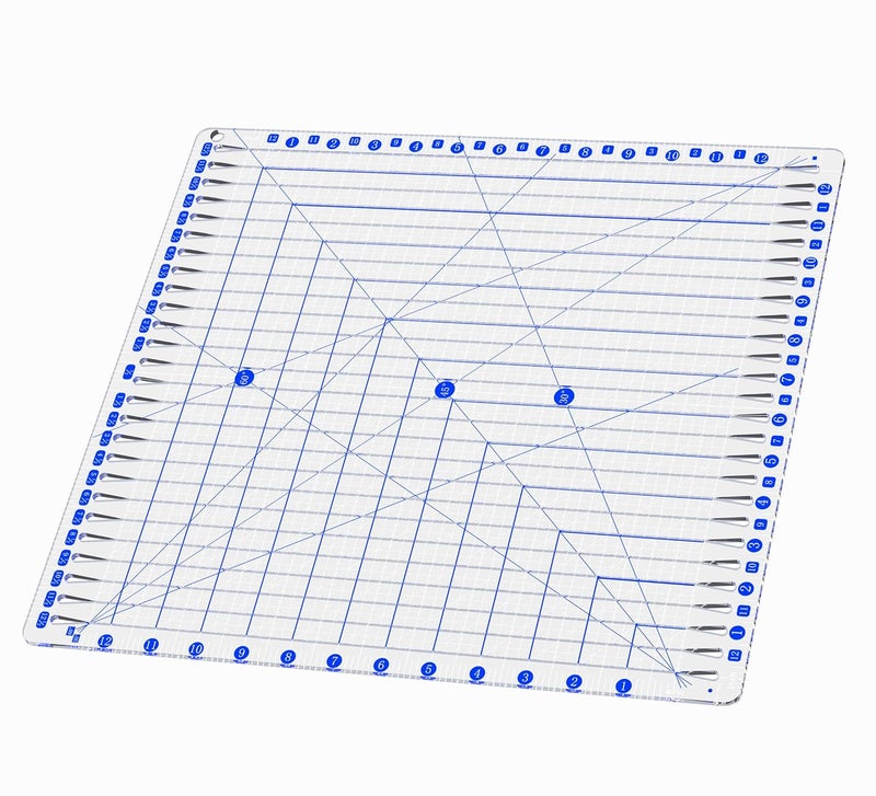 CANCLEAR Quilting Ruler, 12.5" x 12.5" Slotted Acrylic Ruler for Quilting and Sewing, Precise Fabric Cutting with 24pcs Non-Slip Silicone Grips, Blue & White - Image 1